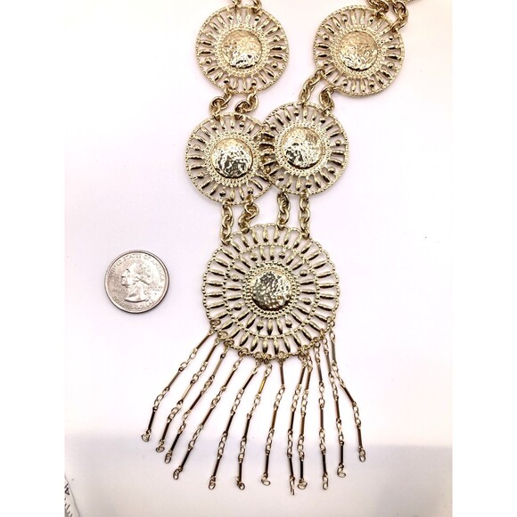 EXPRESS Metallic Gold Tone Tribal Boho Circle Station Statement Necklace 21" NEW - Picture 5 of 6